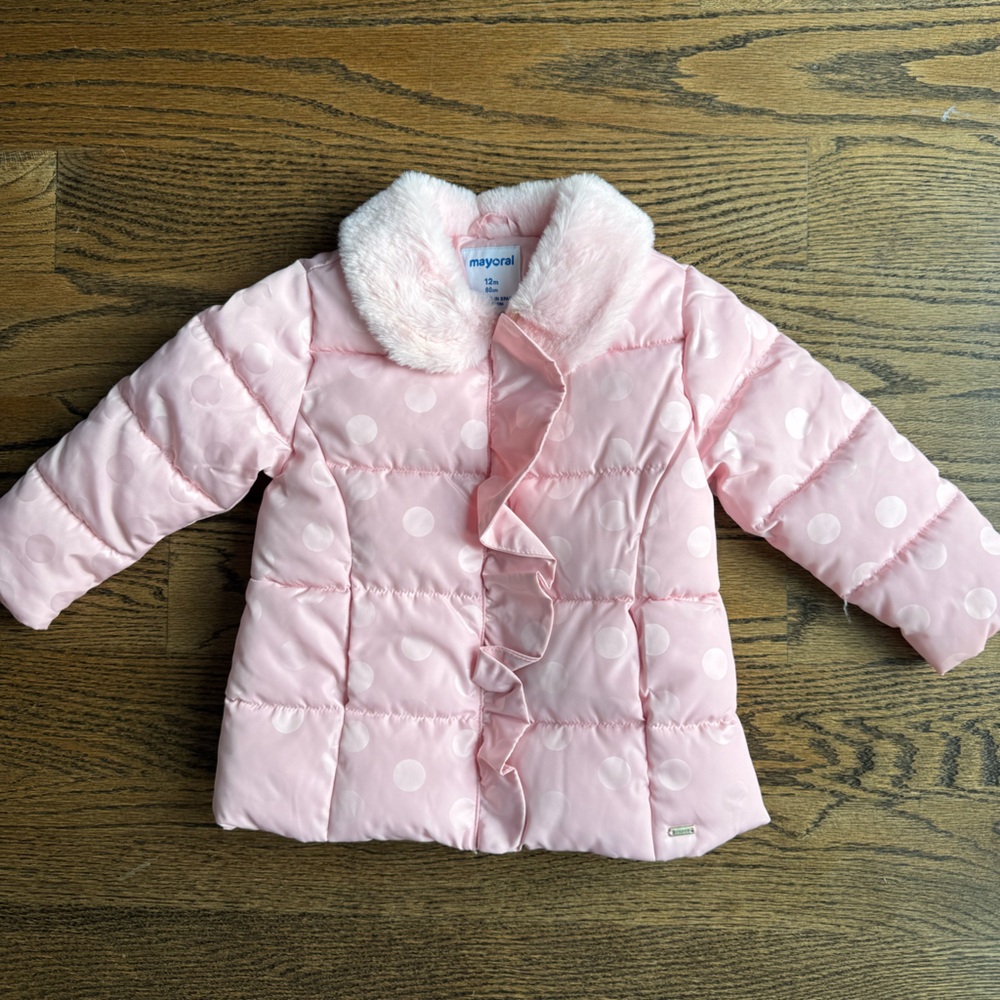 Mayoral Pink Polka Dot Jacket with Faux Fur